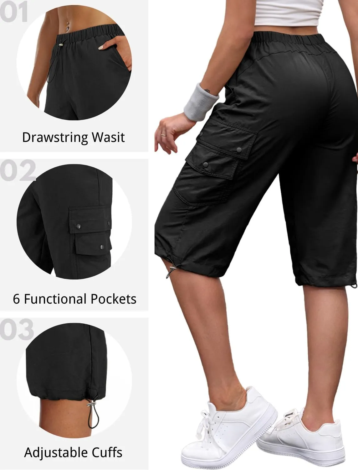 Hiking Capri Cargo Pants Women Baggy Low Rise Lightweight Summer Outdoor Casual Loose Style with 6 Pockets