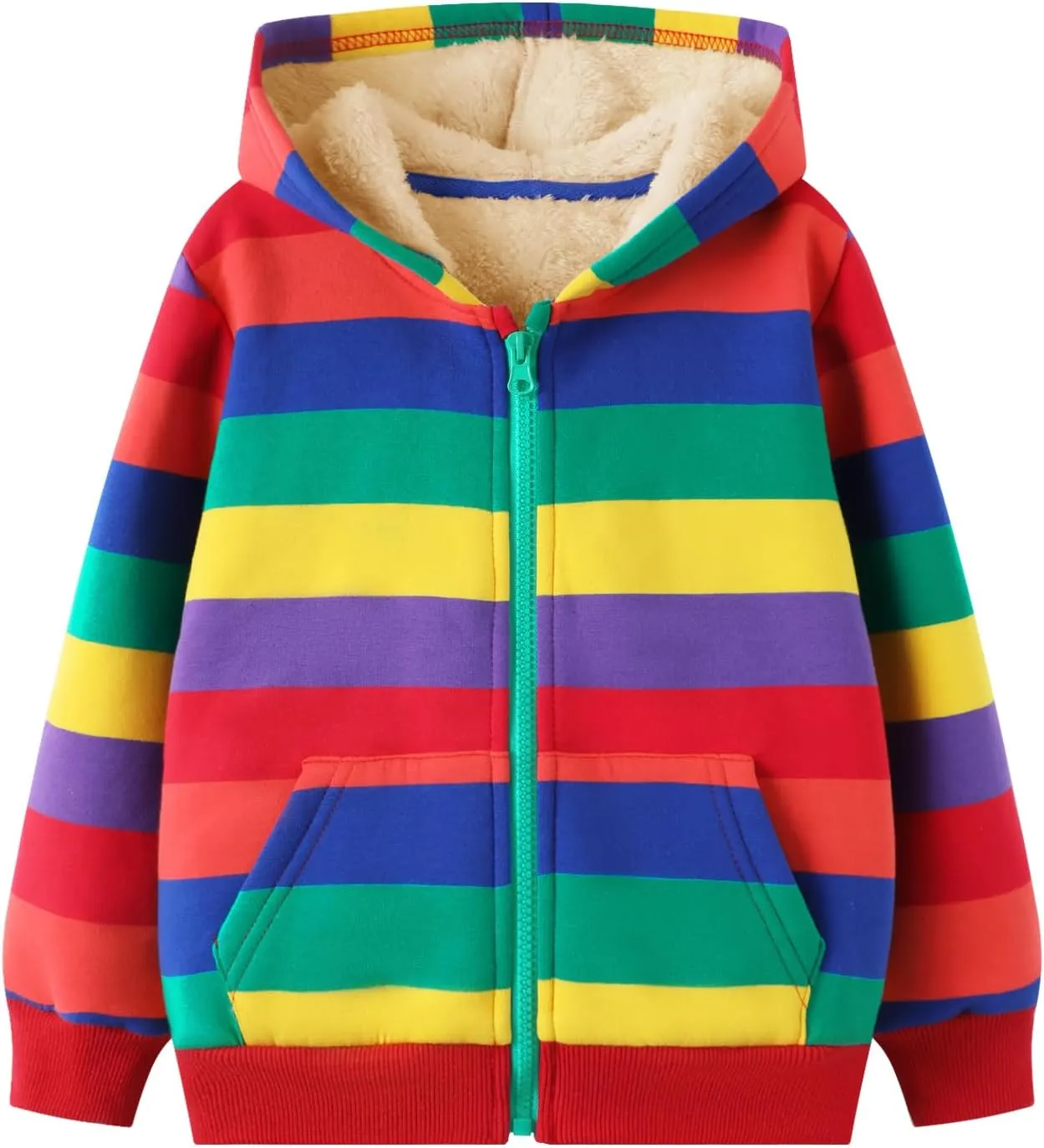 HILEELANG Girl Sherpa Fleece Lined Jacket Zip Up Hoodie Coat Cotton Raibow Stripe Winter Lightweight Outerwear