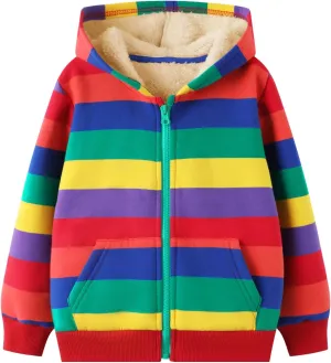 HILEELANG Girl Sherpa Fleece Lined Jacket Zip Up Hoodie Coat Cotton Raibow Stripe Winter Lightweight Outerwear