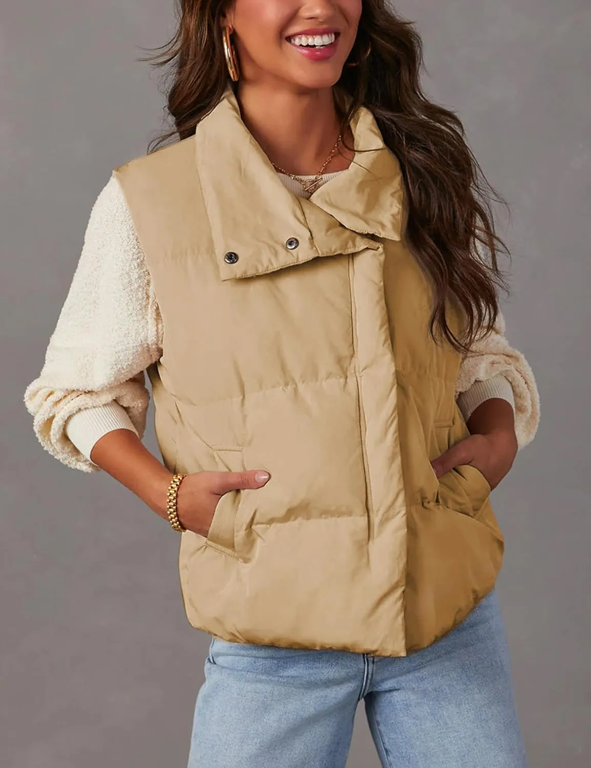 Himosyber Womens Puffer Vest Sleeveless Casual Loose Winter Warm Lightweight Stand Collar Down Jacket Coats