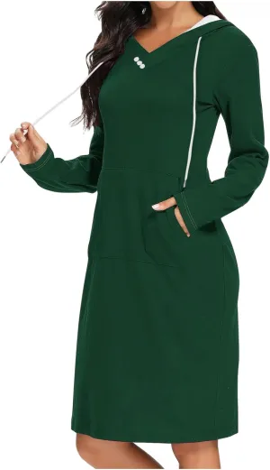Hooded Sweatshirt Dress for Women Fall Winter Casual Long Sleeve V Neck Solid Loose Fit Pullover Elegant Midi Dresses