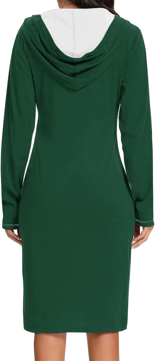 Hooded Sweatshirt Dress for Women Fall Winter Casual Long Sleeve V Neck Solid Loose Fit Pullover Elegant Midi Dresses