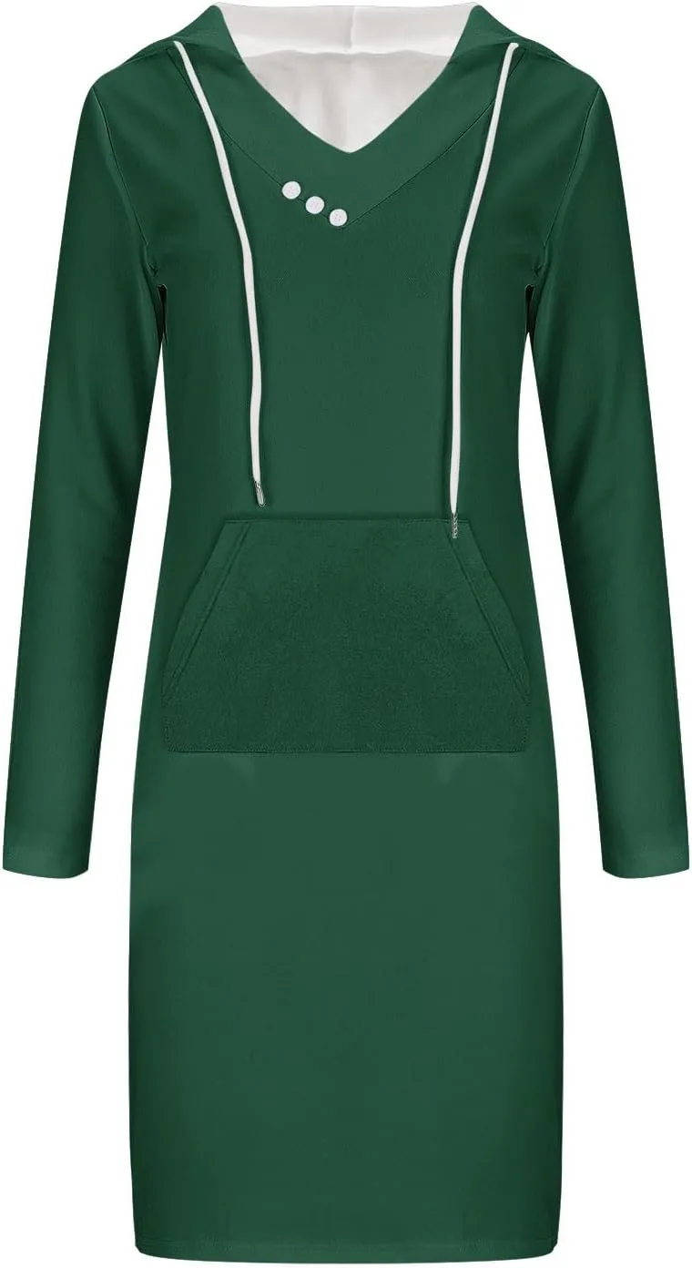 Hooded Sweatshirt Dress for Women Fall Winter Casual Long Sleeve V Neck Solid Loose Fit Pullover Elegant Midi Dresses