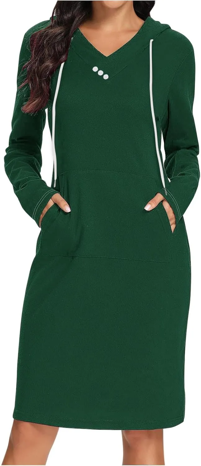 Hooded Sweatshirt Dress for Women Fall Winter Casual Long Sleeve V Neck Solid Loose Fit Pullover Elegant Midi Dresses