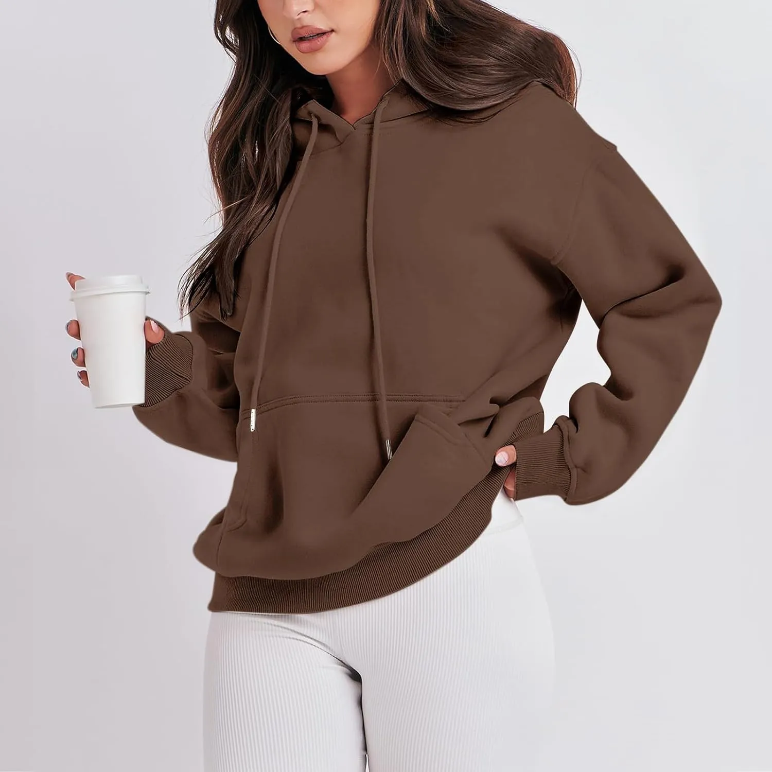 Hoodies for Women Oversized Solid Color Long Sleeve Hooded Sweater Basic Pullover Sweatshirts with Pocket