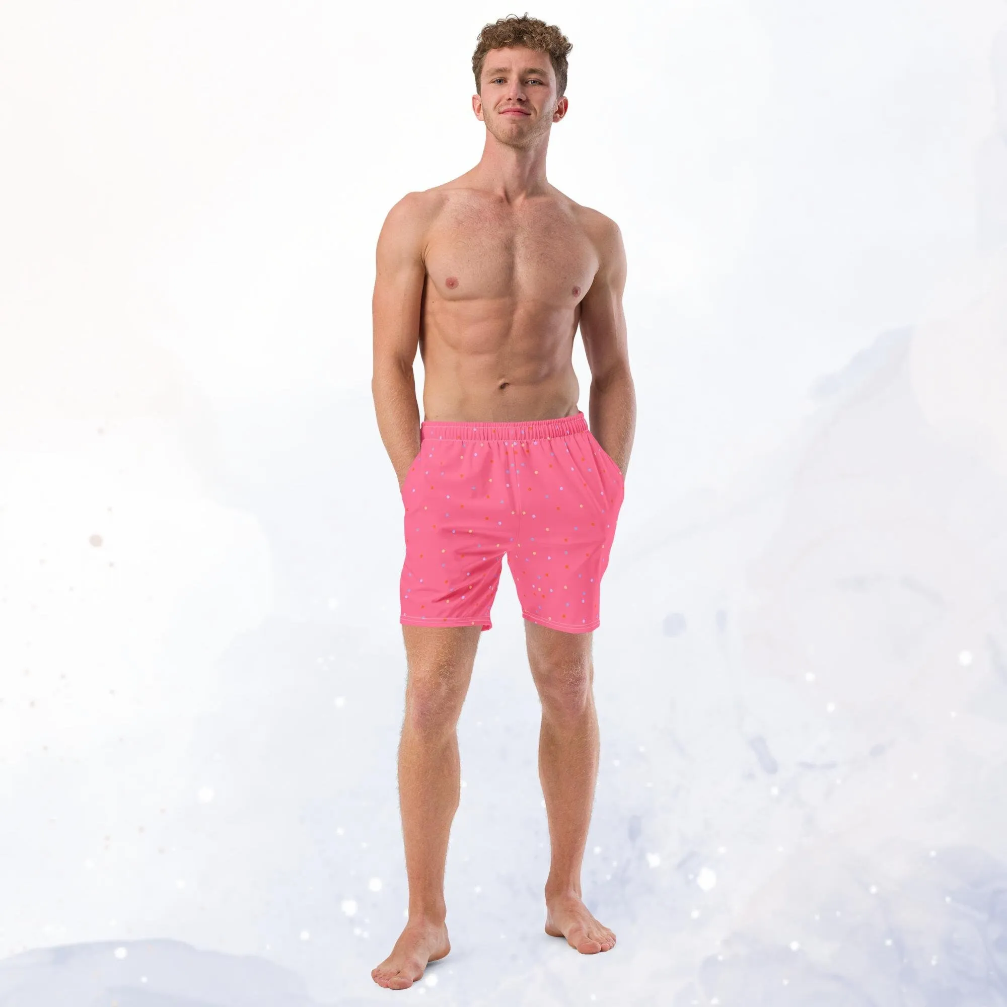 Hot Pink Polka Dot Mens Swim Trunks