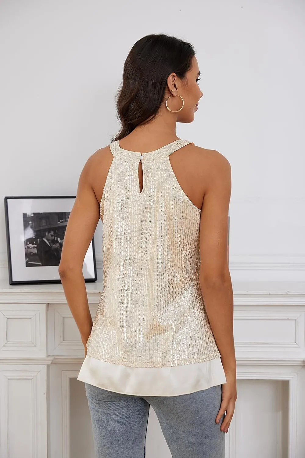 HWSFYES Sequin Halter Tops for Women, Sleeveless Sequin Sparkle Vest Blouses Glitter Tank Top Shirt Camisole for Party Club