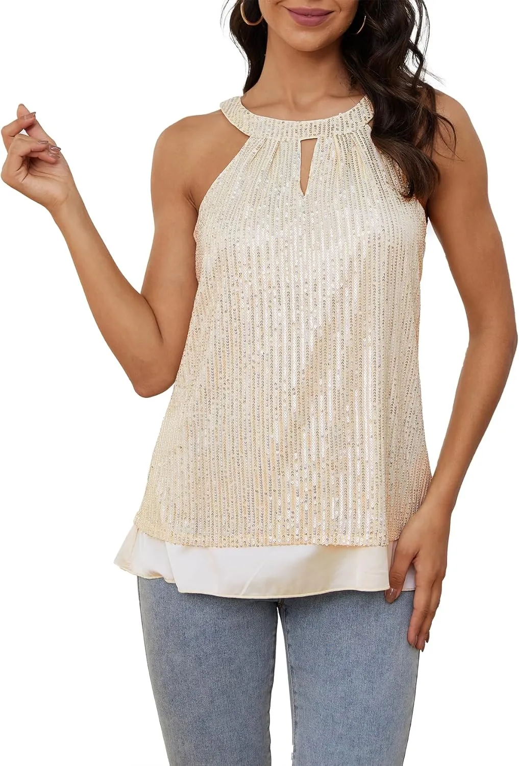 HWSFYES Sequin Halter Tops for Women, Sleeveless Sequin Sparkle Vest Blouses Glitter Tank Top Shirt Camisole for Party Club