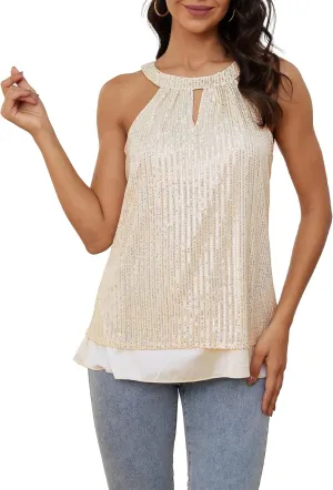 HWSFYES Sequin Halter Tops for Women, Sleeveless Sequin Sparkle Vest Blouses Glitter Tank Top Shirt Camisole for Party Club