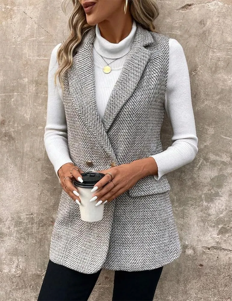 IDEALSANXUN Womens Herringbone Print Vest Fall Winter Double Breasted Sleeveless Blazer Jackets