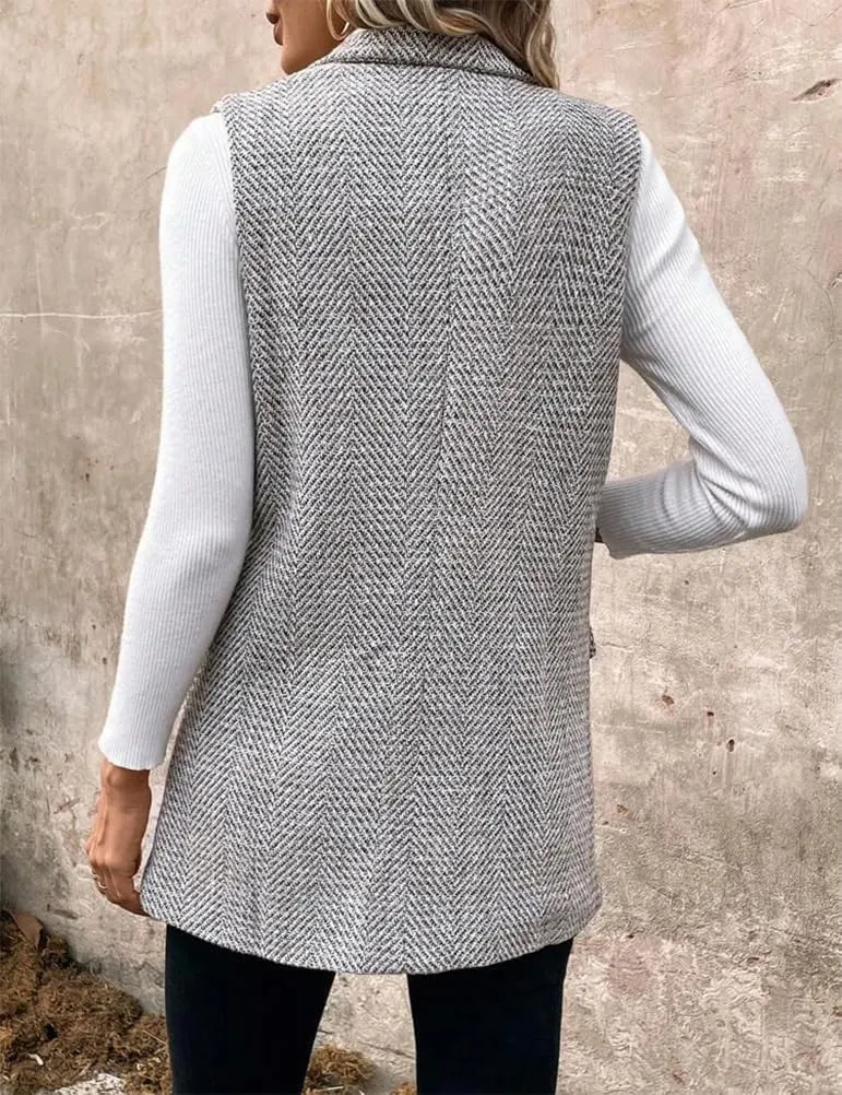 IDEALSANXUN Womens Herringbone Print Vest Fall Winter Double Breasted Sleeveless Blazer Jackets