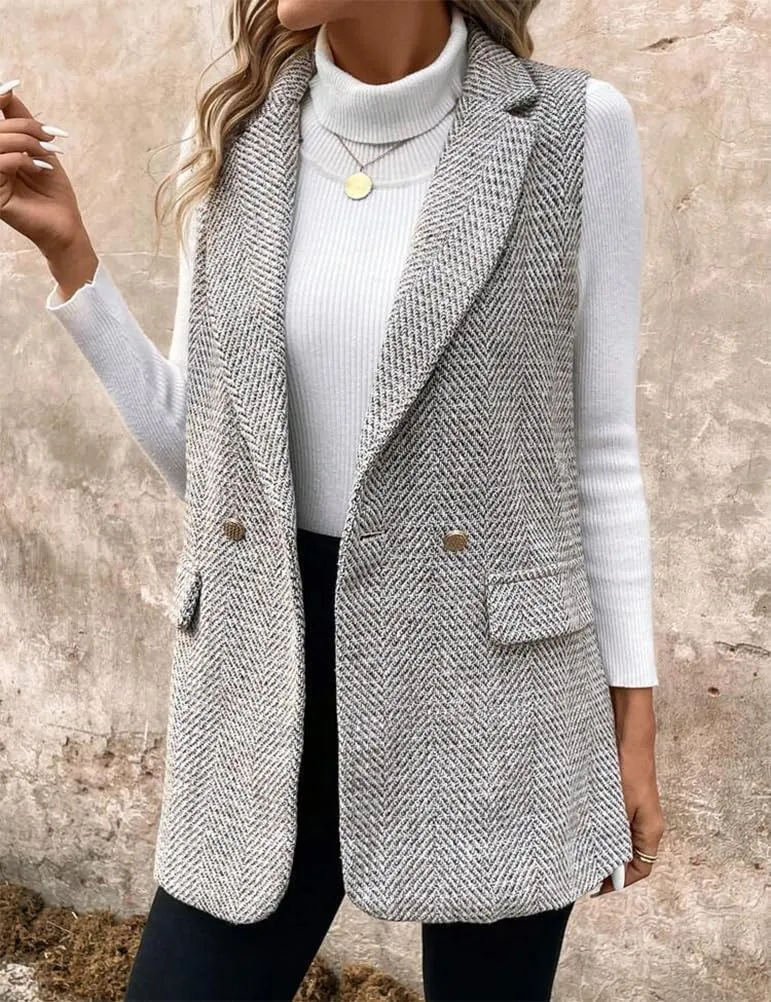 IDEALSANXUN Womens Herringbone Print Vest Fall Winter Double Breasted Sleeveless Blazer Jackets