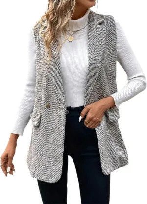 IDEALSANXUN Womens Herringbone Print Vest Fall Winter Double Breasted Sleeveless Blazer Jackets