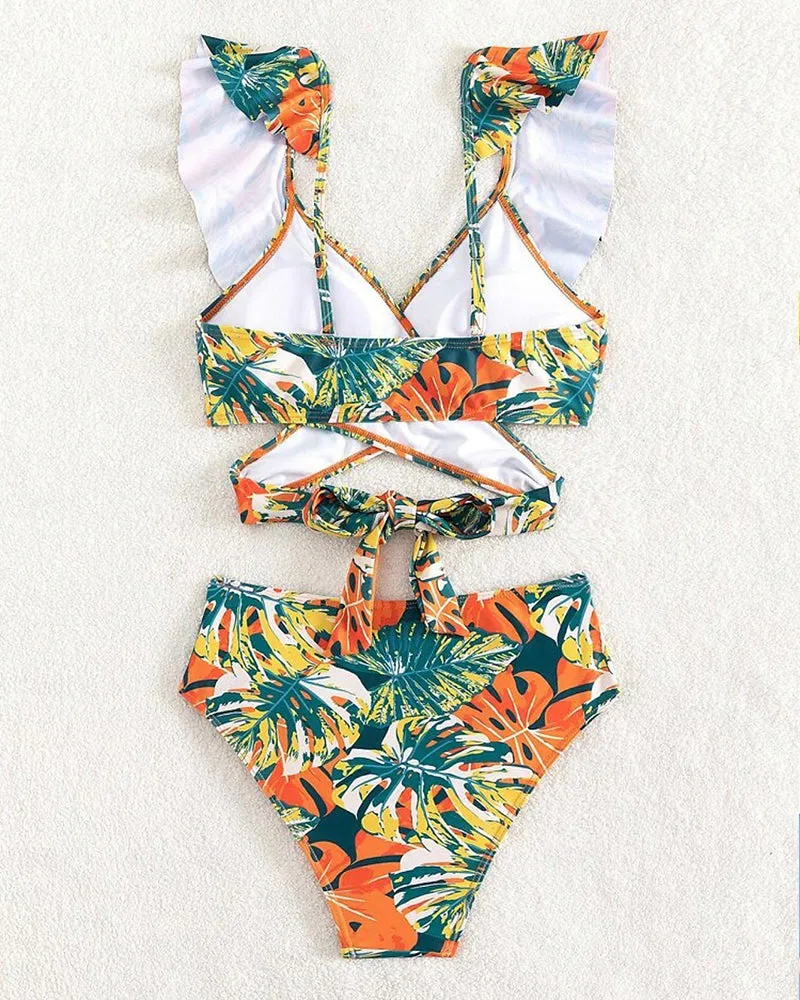 Ivyshape | Backless Bikini With Tropical Motif