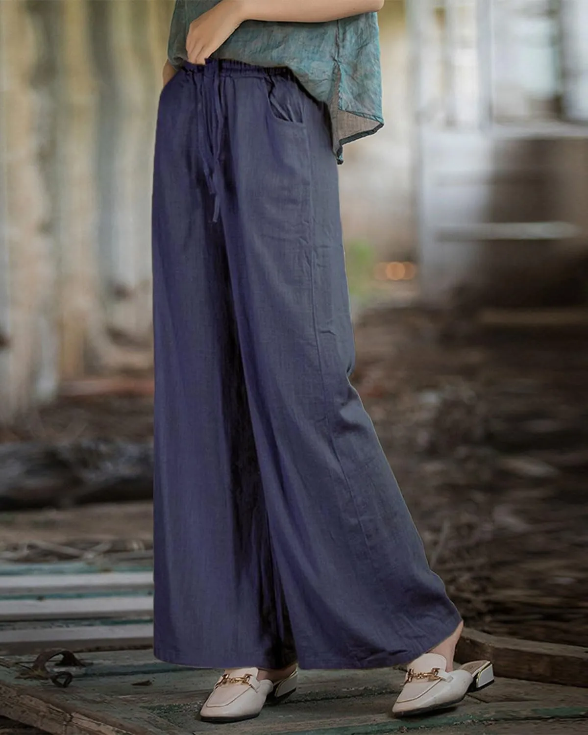 IXIMO Women's Cotton Linen Wide Leg Pants Casual Drawstring Lounge Palazzo Loose Trousers