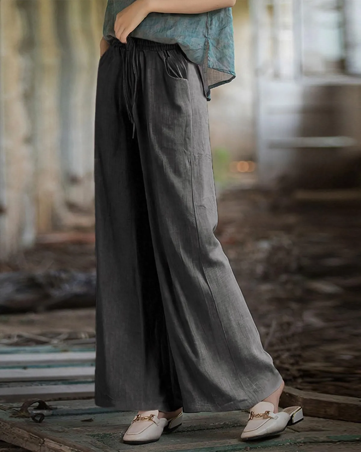 IXIMO Women's Cotton Linen Wide Leg Pants Casual Drawstring Lounge Palazzo Loose Trousers