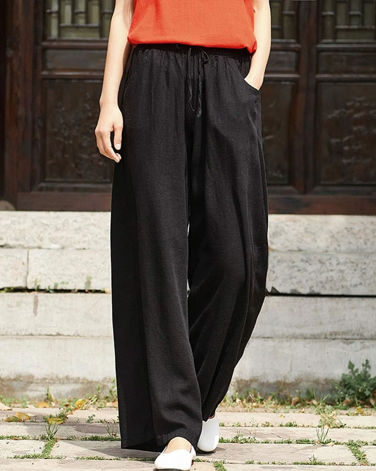 IXIMO Women's Cotton Linen Wide Leg Pants Casual Drawstring Lounge Palazzo Loose Trousers