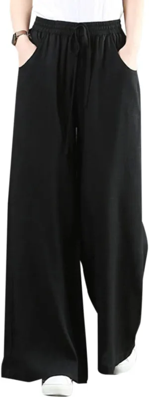 IXIMO Women's Cotton Linen Wide Leg Pants Casual Drawstring Lounge Palazzo Loose Trousers