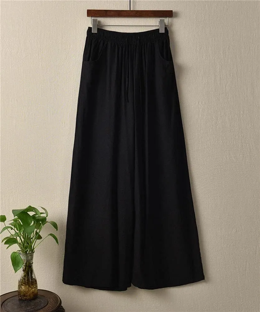 IXIMO Women's Cotton Linen Wide Leg Pants Casual Drawstring Lounge Palazzo Loose Trousers