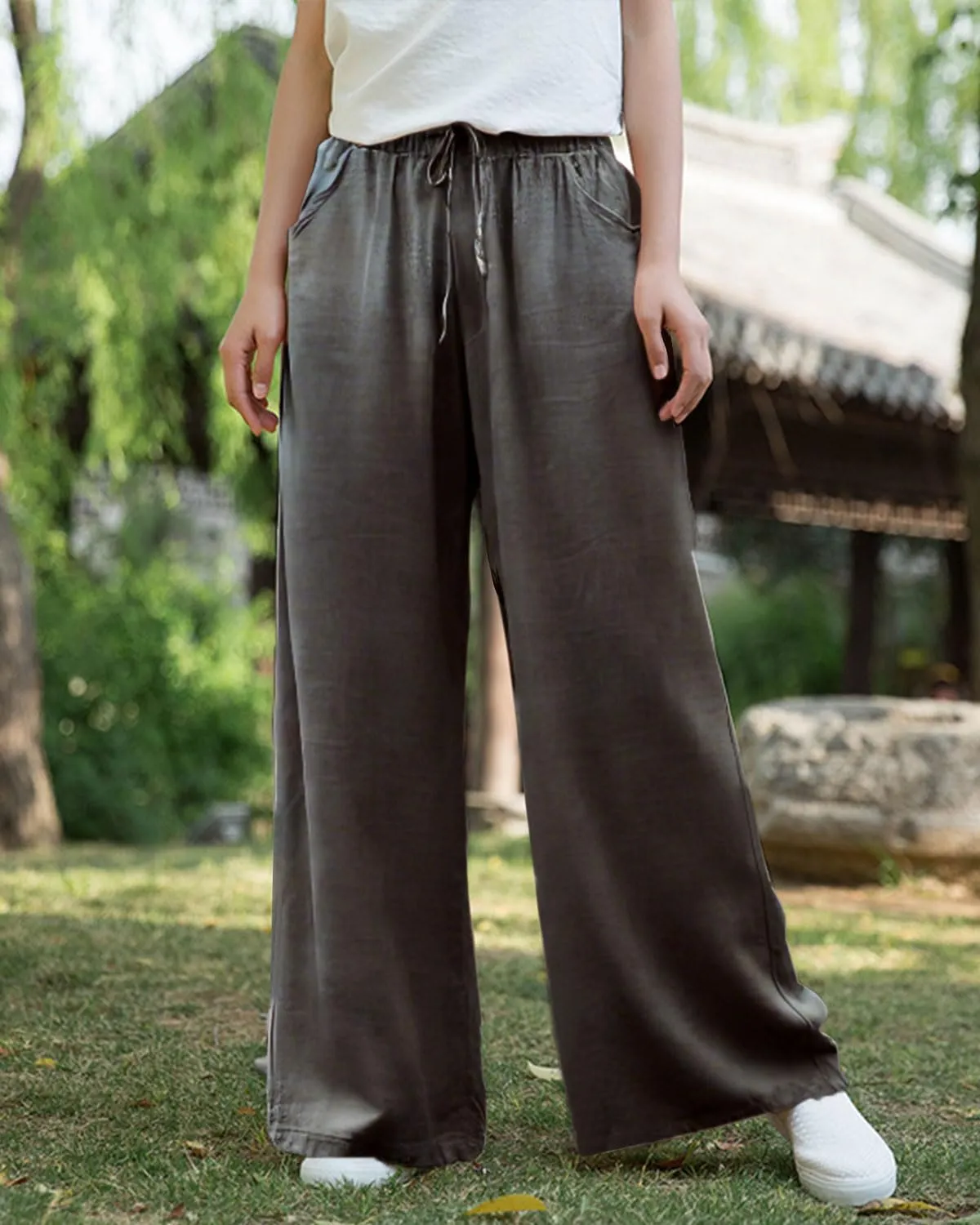 IXIMO Women's Cotton Linen Wide Leg Pants Casual Drawstring Lounge Palazzo Loose Trousers