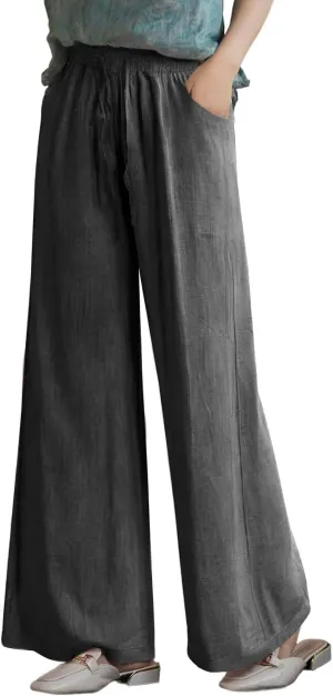 IXIMO Women's Cotton Linen Wide Leg Pants Casual Drawstring Lounge Palazzo Loose Trousers
