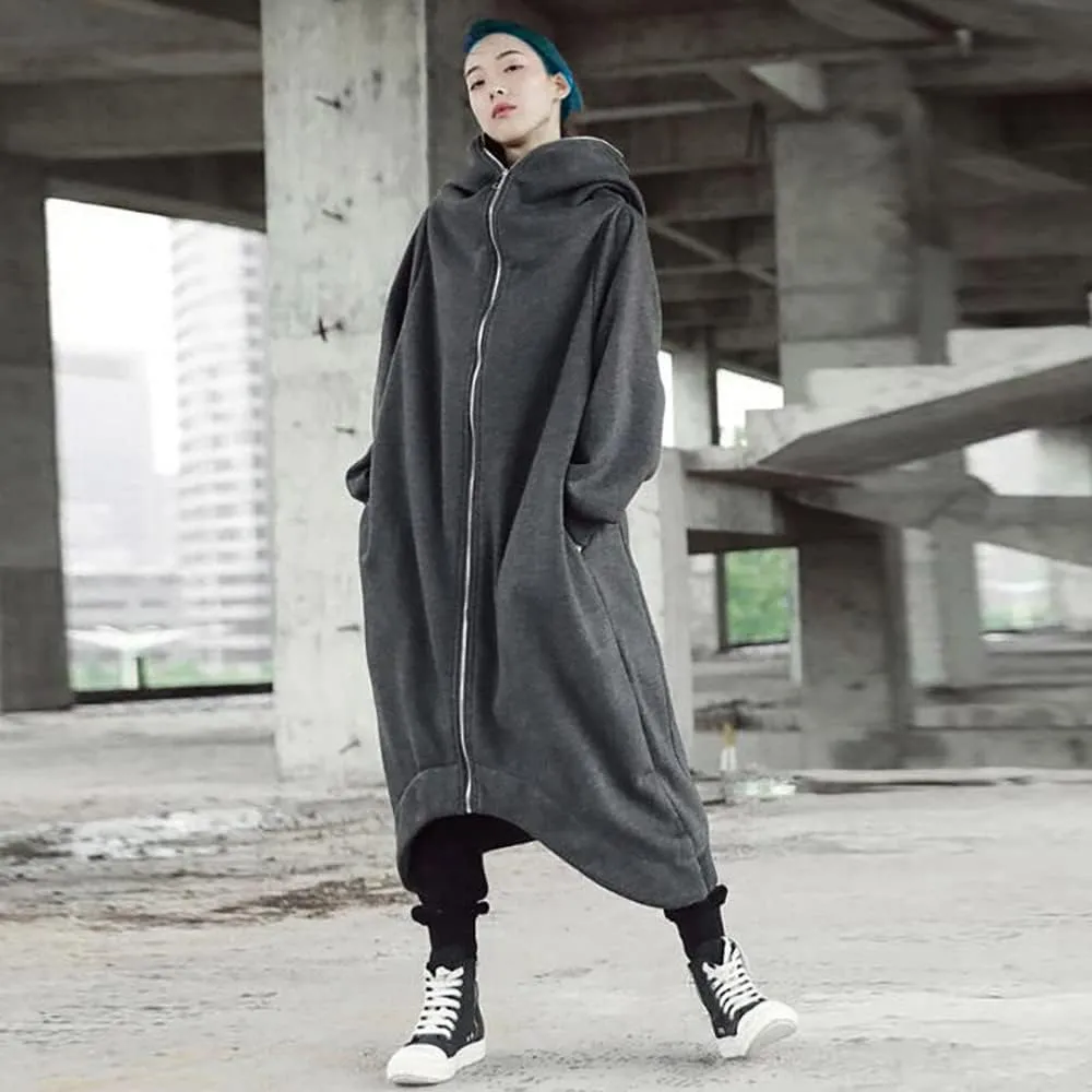 Janepam Women Windbreaker Long Hoodie Oversized Jacket Pocket Solid Color Zip-up Baggy Maxi-Length Outerwear Streetwear