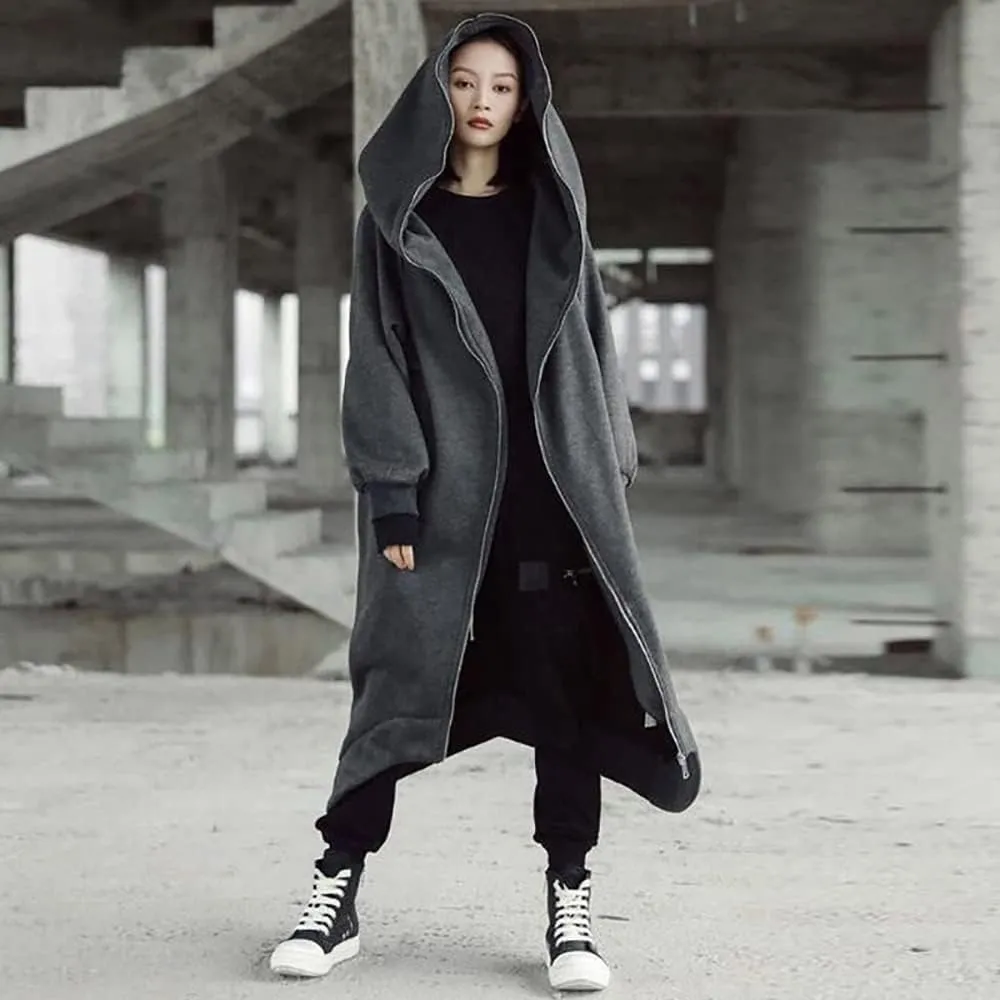 Janepam Women Windbreaker Long Hoodie Oversized Jacket Pocket Solid Color Zip-up Baggy Maxi-Length Outerwear Streetwear
