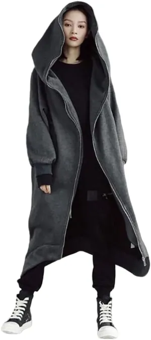 Janepam Women Windbreaker Long Hoodie Oversized Jacket Pocket Solid Color Zip-up Baggy Maxi-Length Outerwear Streetwear