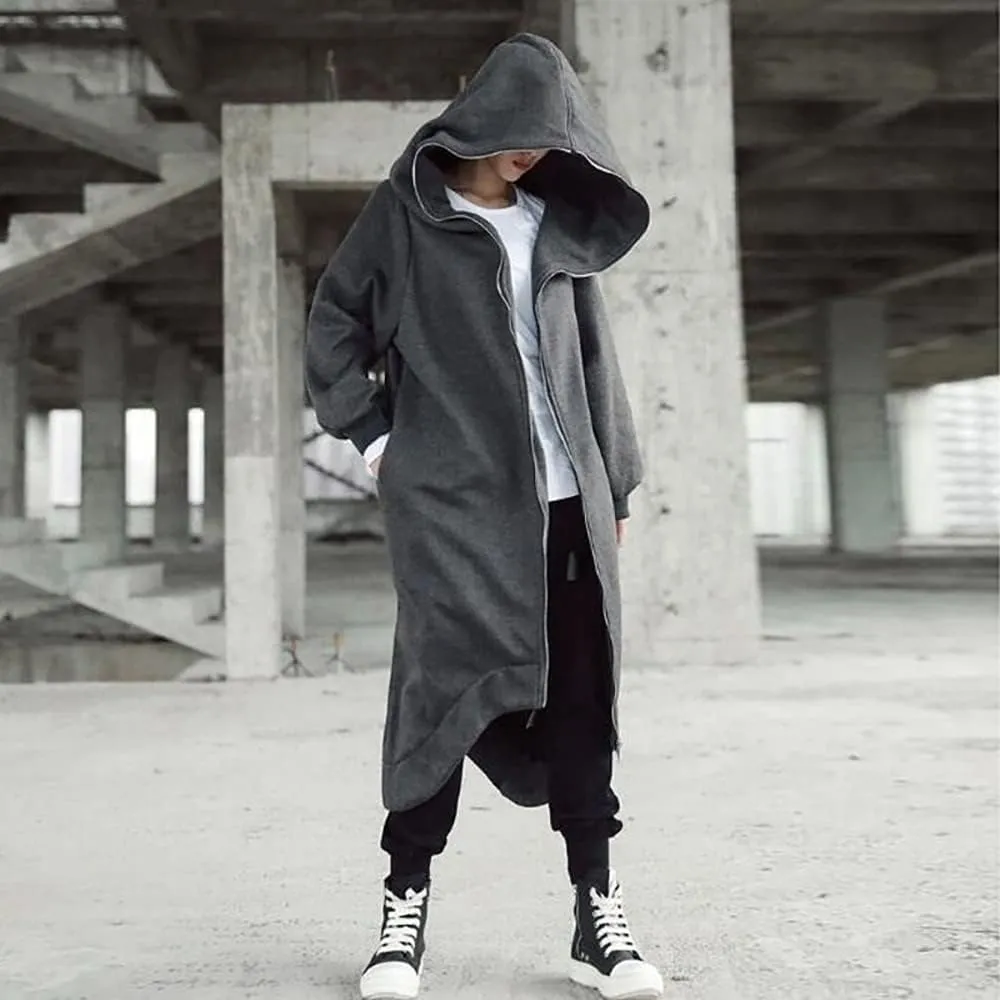 Janepam Women Windbreaker Long Hoodie Oversized Jacket Pocket Solid Color Zip-up Baggy Maxi-Length Outerwear Streetwear