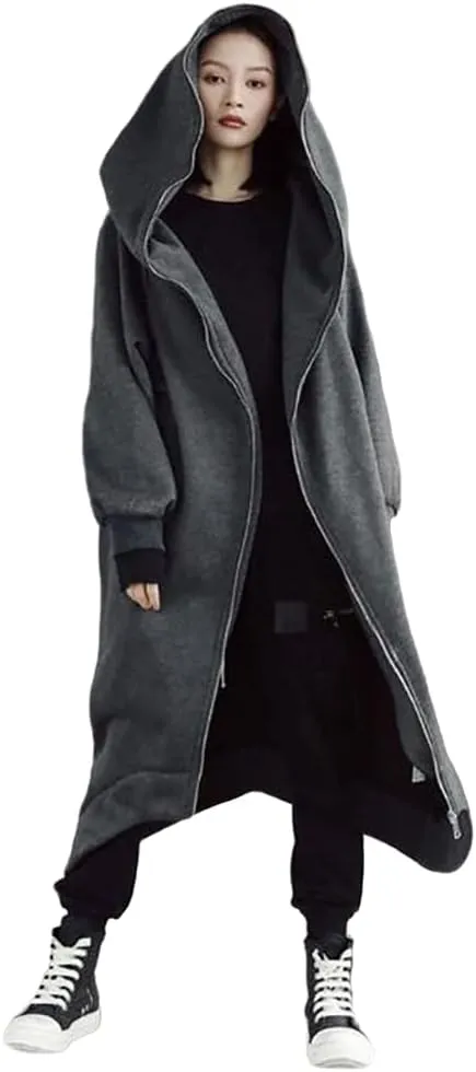 Janepam Women Windbreaker Long Hoodie Oversized Jacket Pocket Solid Color Zip-up Baggy Maxi-Length Outerwear Streetwear