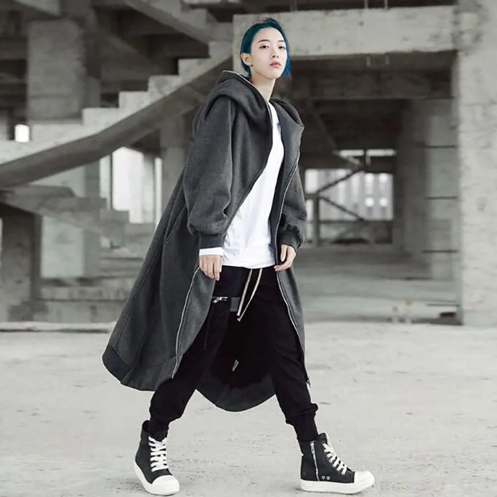 Janepam Women Windbreaker Long Hoodie Oversized Jacket Pocket Solid Color Zip-up Baggy Maxi-Length Outerwear Streetwear