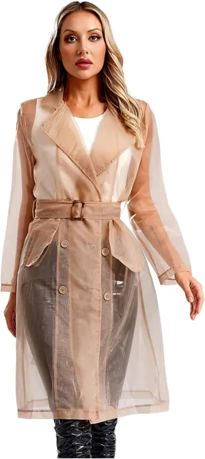 JEATHA Trench Coats for Women Sheer Mesh Organza Jackets Notch Lapel Double Breasted Outerwear Sun Protection Clothing