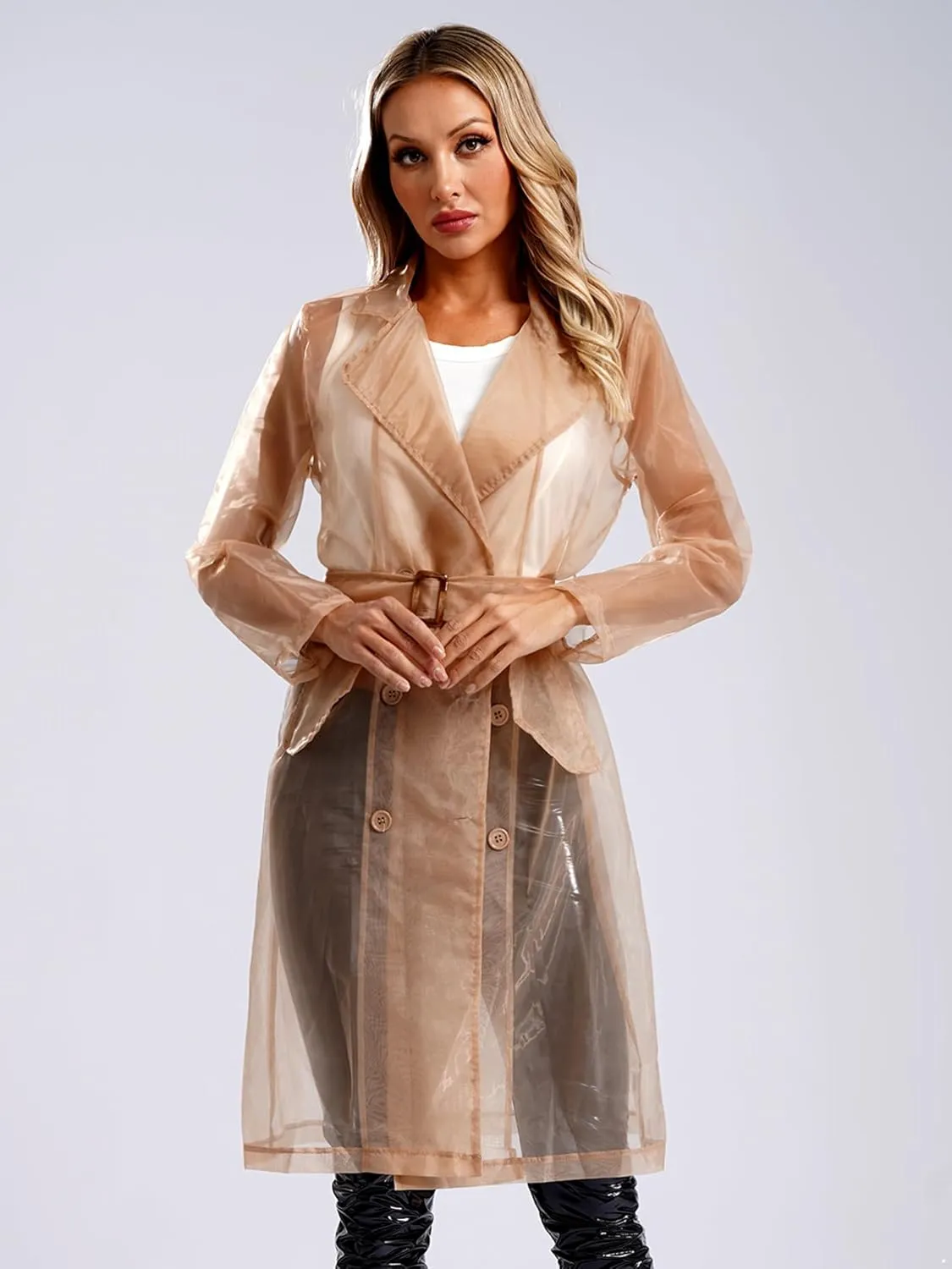 JEATHA Trench Coats for Women Sheer Mesh Organza Jackets Notch Lapel Double Breasted Outerwear Sun Protection Clothing