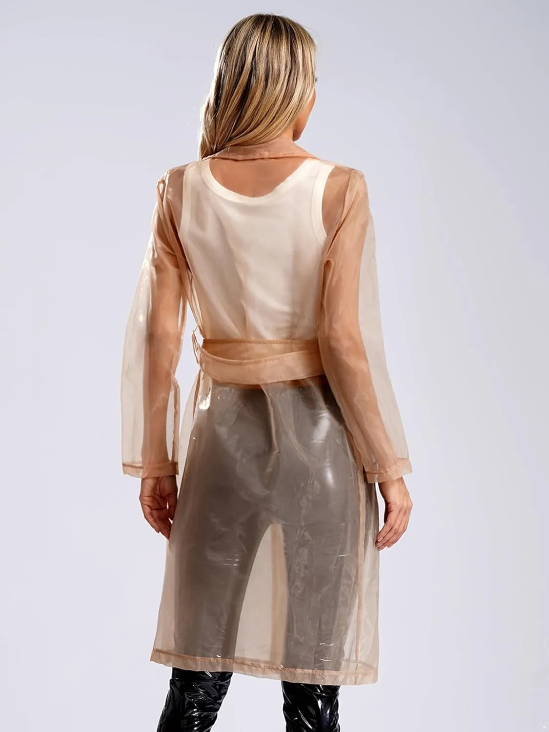 JEATHA Trench Coats for Women Sheer Mesh Organza Jackets Notch Lapel Double Breasted Outerwear Sun Protection Clothing