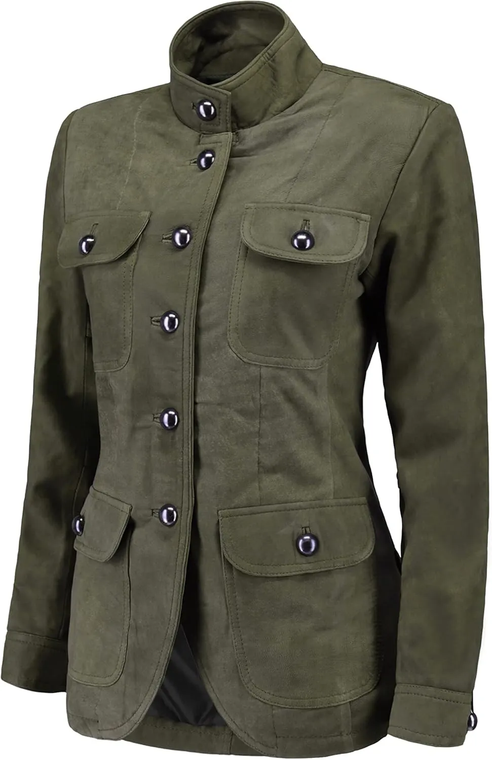 Jild Fancy 5-Button Four Pocket Double Back Slit Leather Blazer Women - Vintage Suede Look Cuff Sleeves Leather Jacket Women
