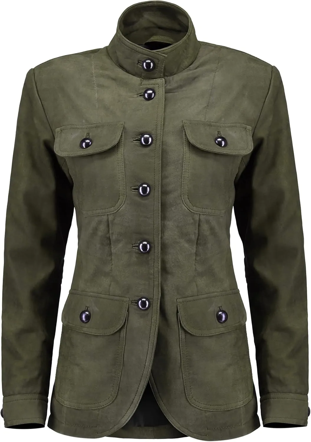 Jild Fancy 5-Button Four Pocket Double Back Slit Leather Blazer Women - Vintage Suede Look Cuff Sleeves Leather Jacket Women