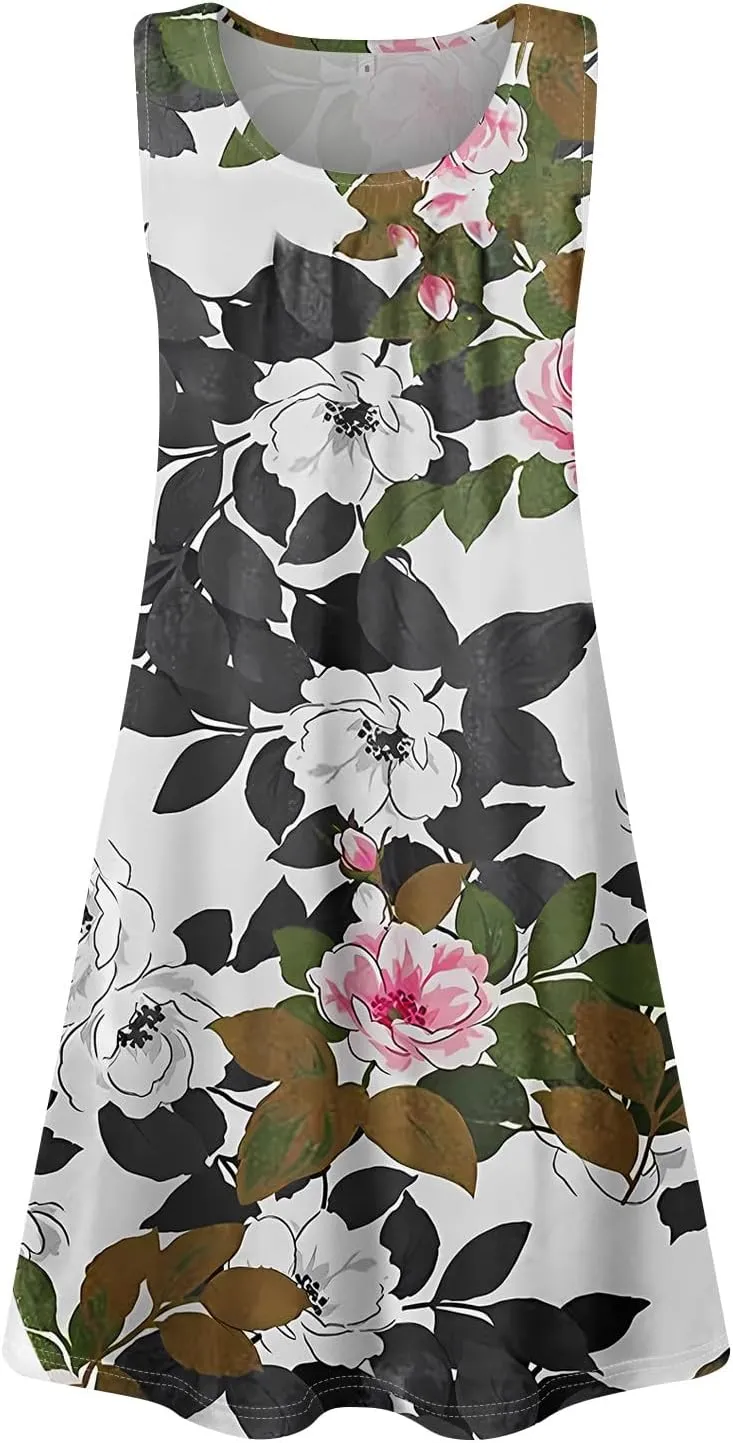 JJHAEVDY Dresses for Women Sleeveless Printed Vest Dress U Neck Versatile Sundress Loose Boho Sundresses Trendy Vintage Dress