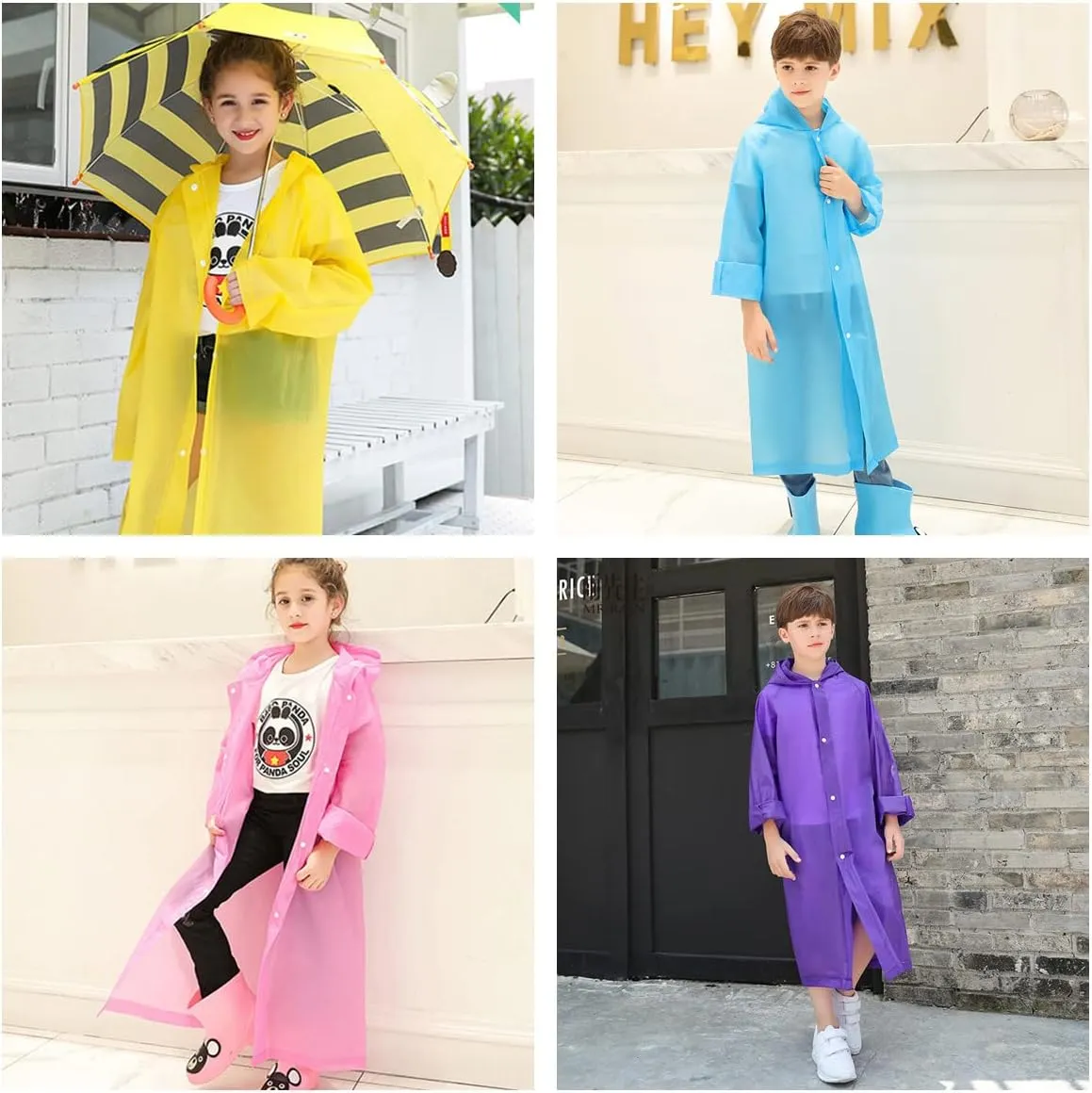 Kids Rain Poncho 2 Pack, Reusable Raincoat Rain Jackets for 6-14 Girls Boys
