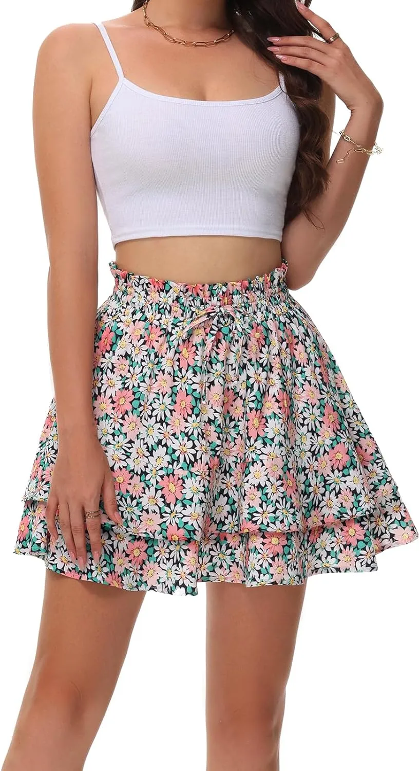 Kimmery Women's Boho Ruffle Skirt Floral Tiered Mini Skirts with Shorts Underneath
