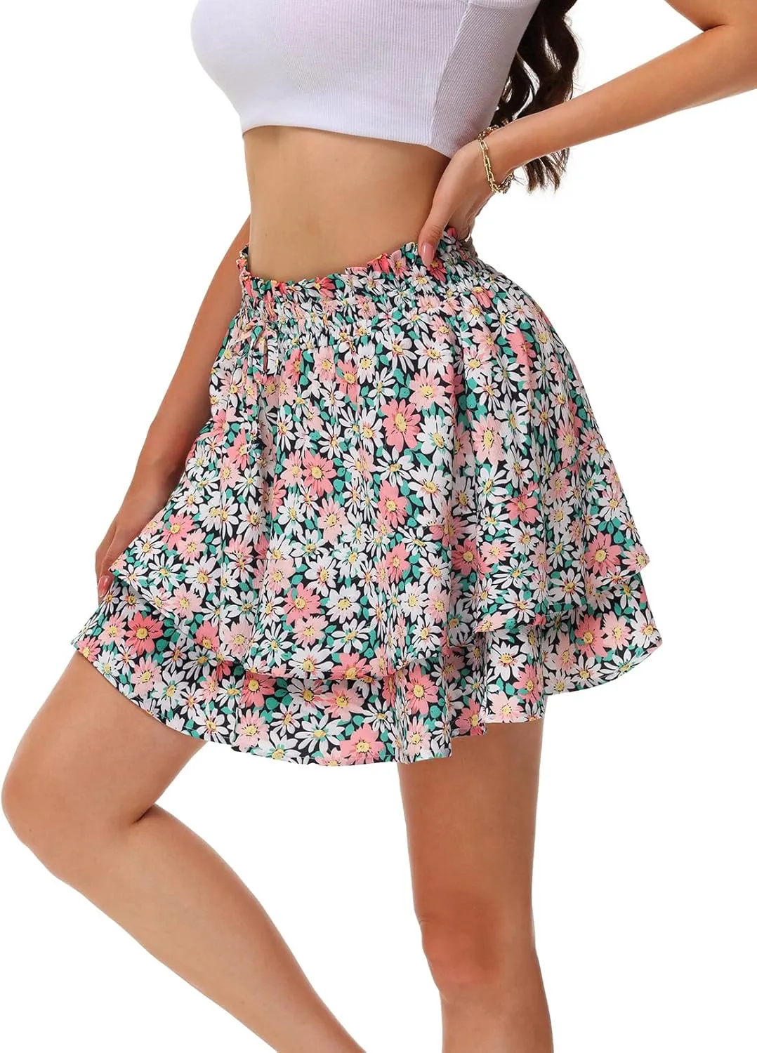 Kimmery Women's Boho Ruffle Skirt Floral Tiered Mini Skirts with Shorts Underneath