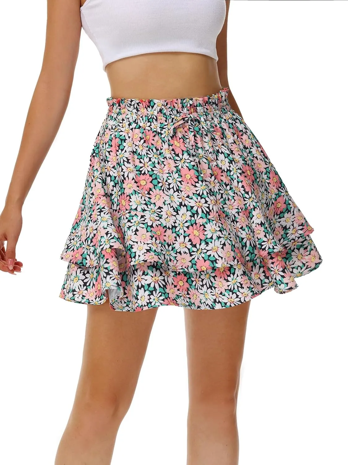 Kimmery Women's Boho Ruffle Skirt Floral Tiered Mini Skirts with Shorts Underneath
