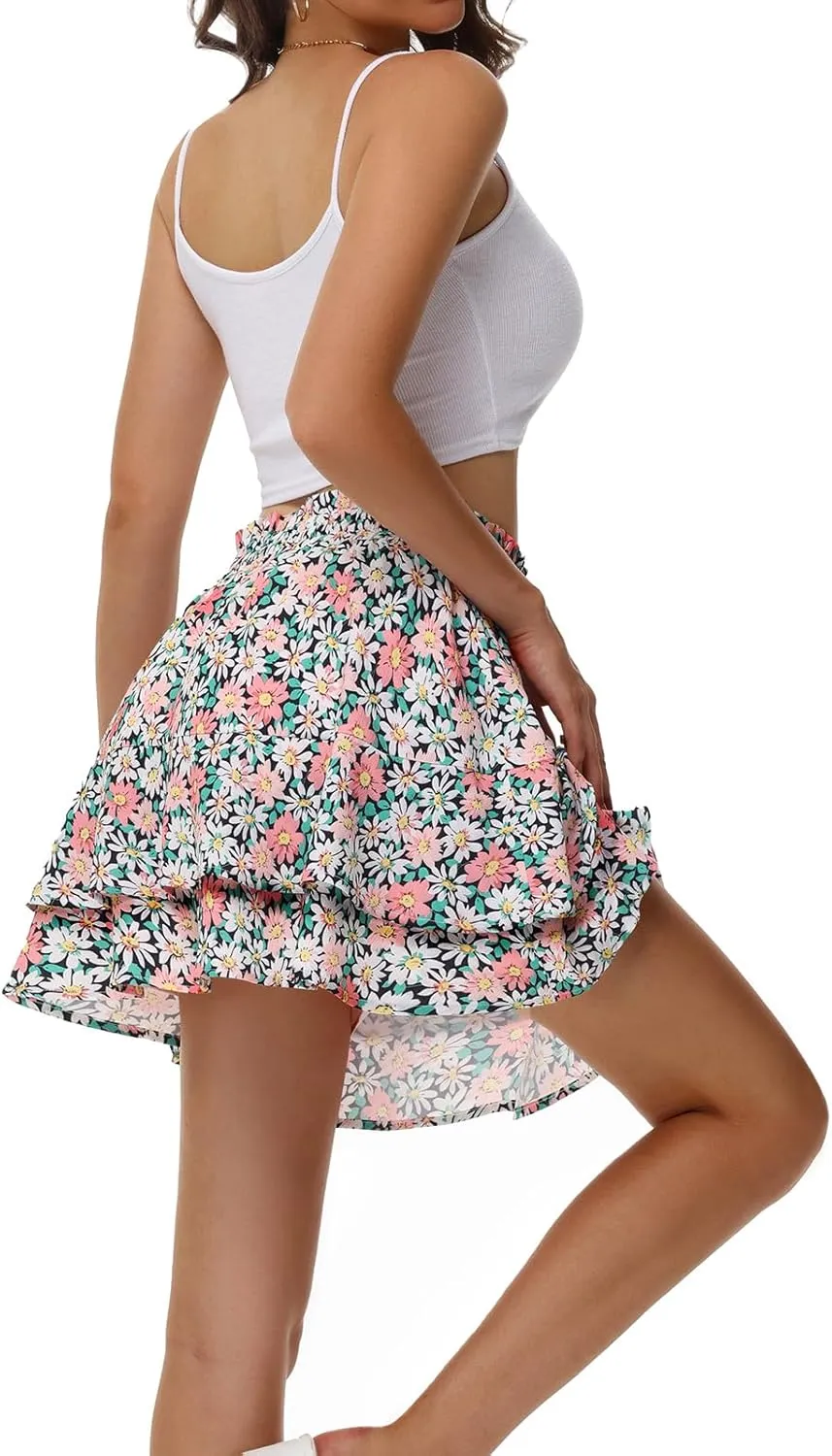 Kimmery Women's Boho Ruffle Skirt Floral Tiered Mini Skirts with Shorts Underneath