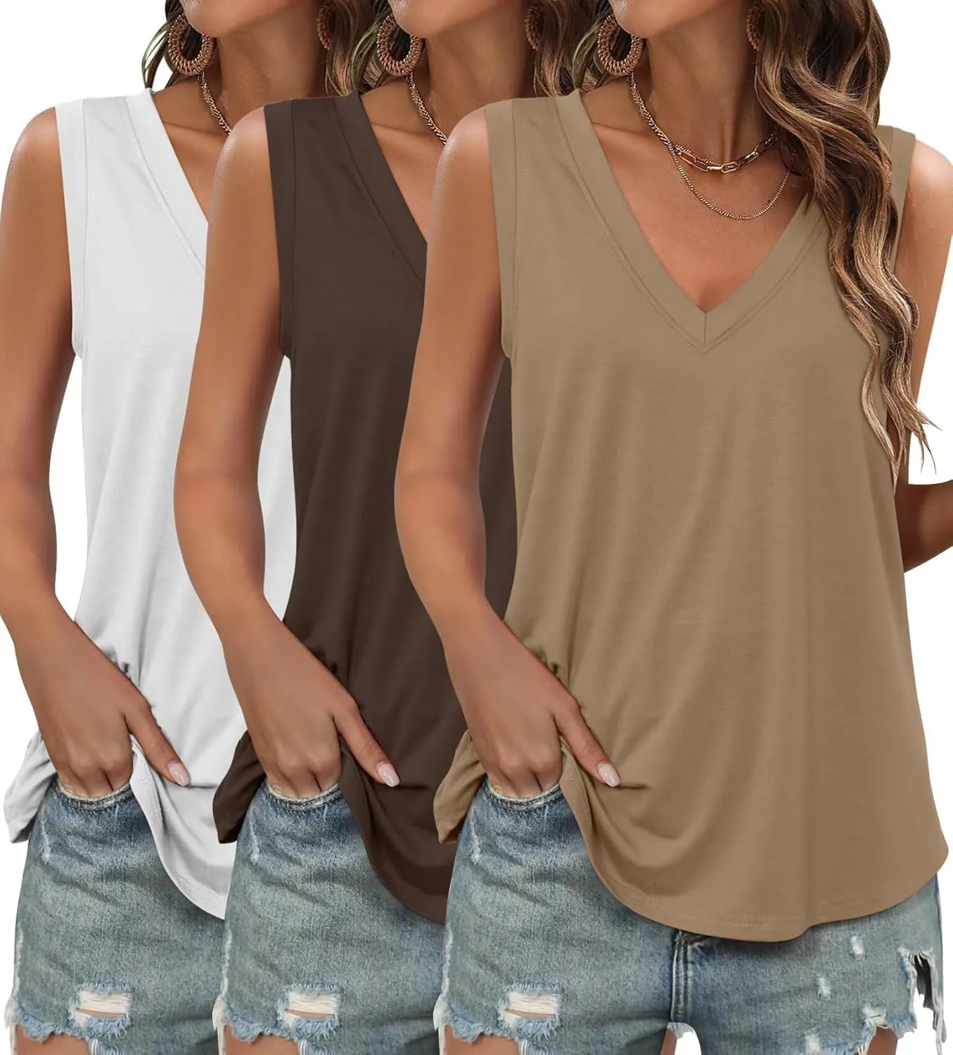 KKJ 3 Pack Womens Tank Tops 2025 Summer Beach Vacation Outfits V Neck Loosefit Sleeveless Casual Cruise Shirt Fashion Clothes