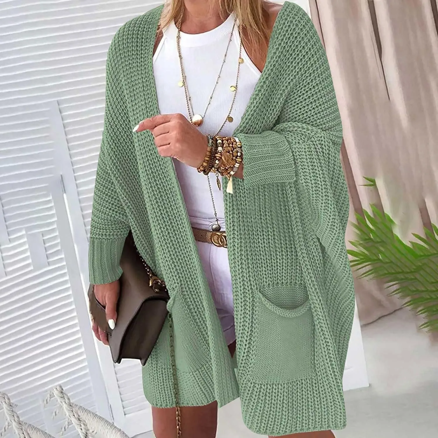 Knit Crochet Sweater Cardigan for Women Open Front Solid Long Sleeve Outwear with Pockets 2024 Winter