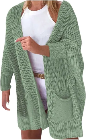 Knit Crochet Sweater Cardigan for Women Open Front Solid Long Sleeve Outwear with Pockets 2024 Winter