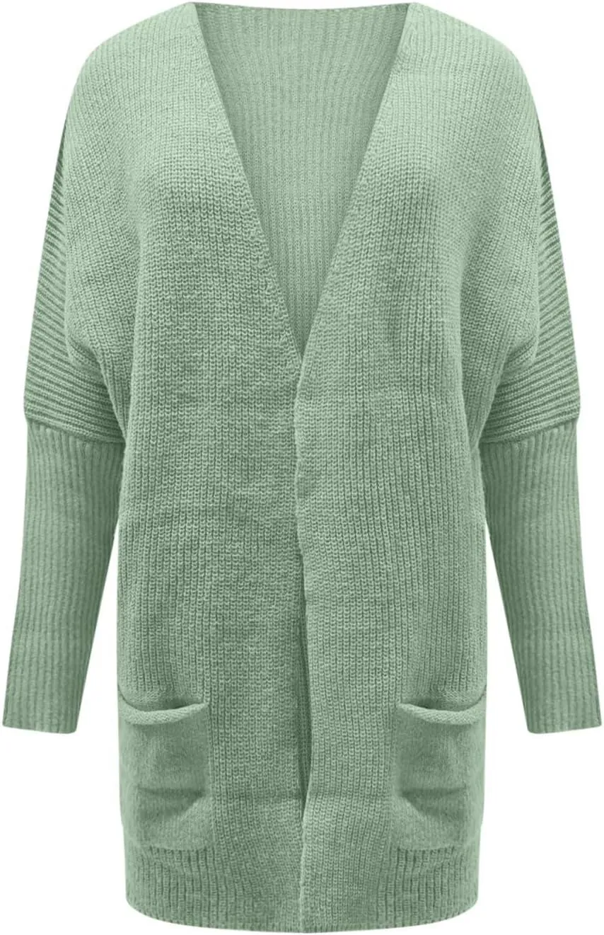 Knit Crochet Sweater Cardigan for Women Open Front Solid Long Sleeve Outwear with Pockets 2024 Winter
