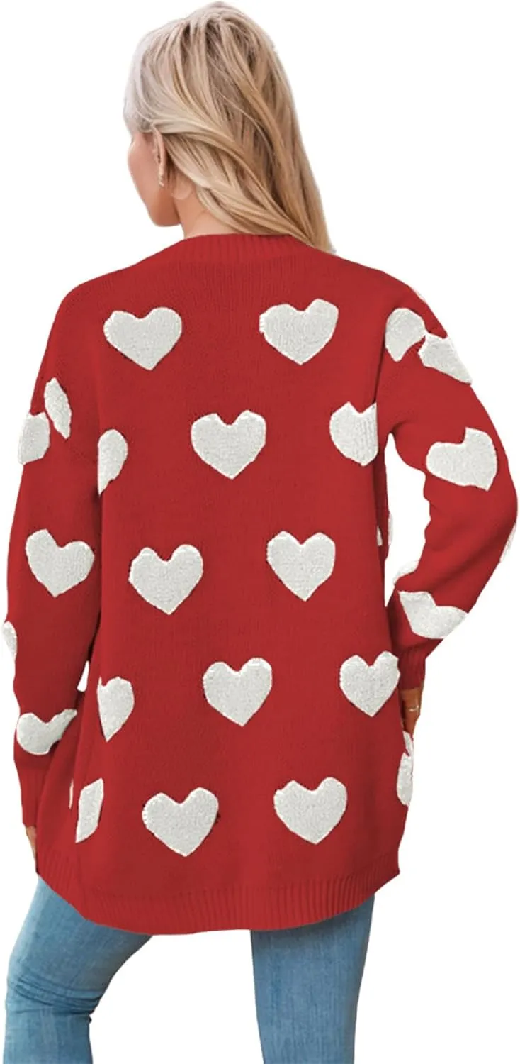 Knitted Long Cardigan Heart Pattern Valentines Sweater Coat for Women Long Sleeve Button Down Casual Loose Outerwear
