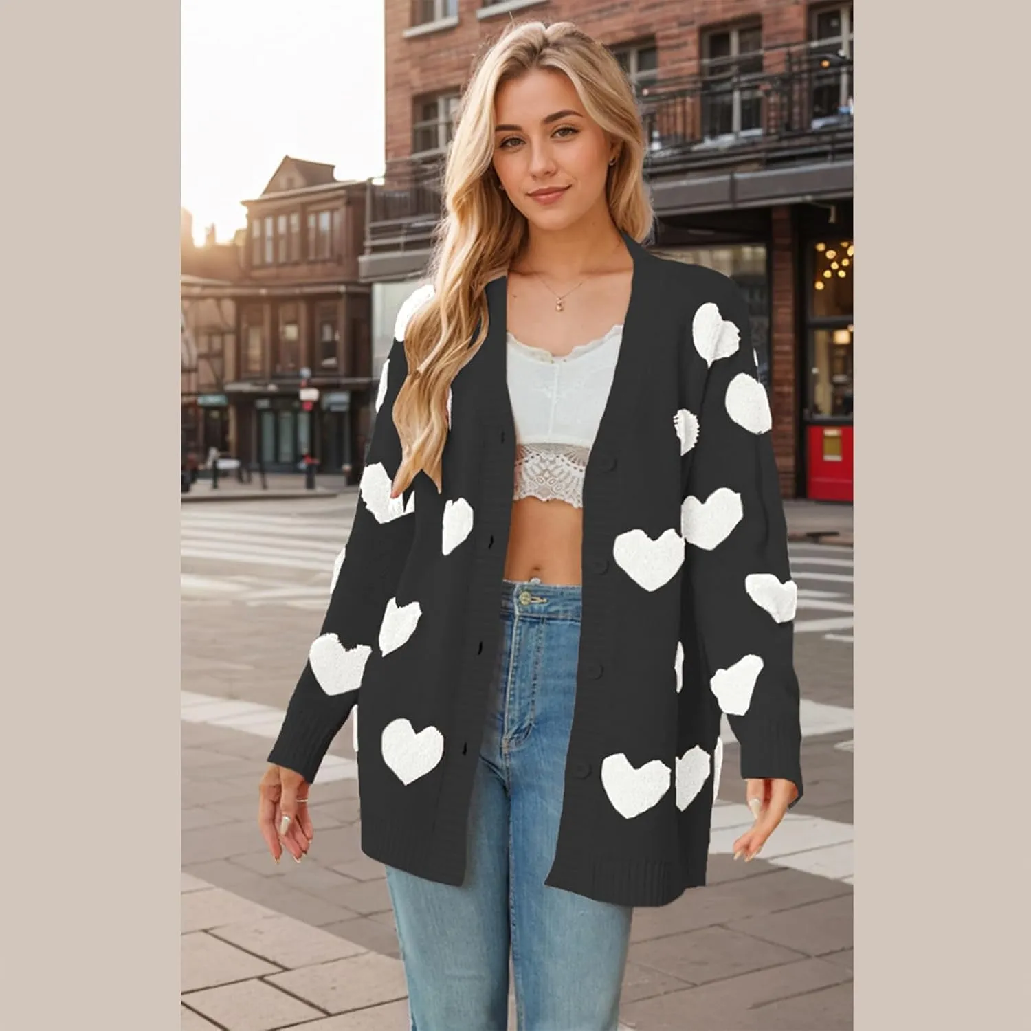Knitted Long Cardigan Heart Pattern Valentines Sweater Coat for Women Long Sleeve Button Down Casual Loose Outerwear