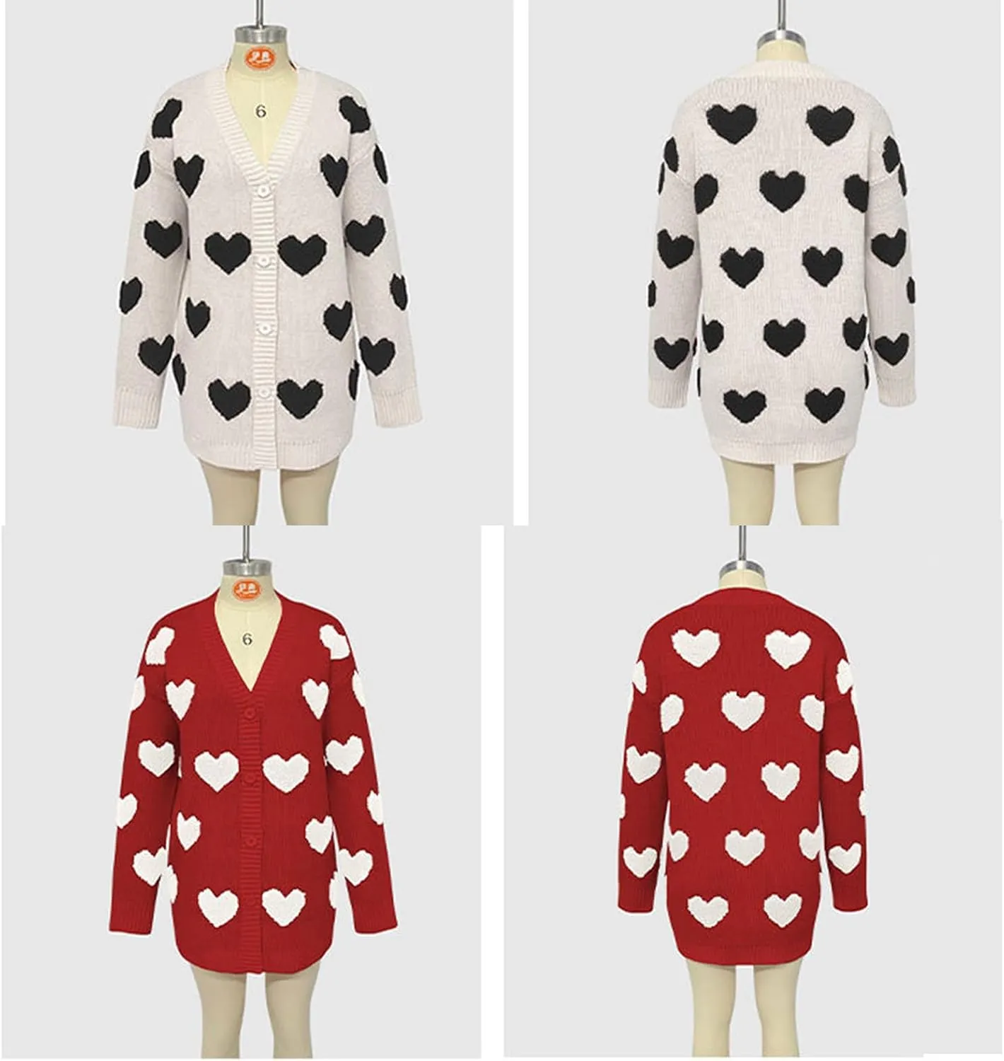 Knitted Long Cardigan Heart Pattern Valentines Sweater Coat for Women Long Sleeve Button Down Casual Loose Outerwear
