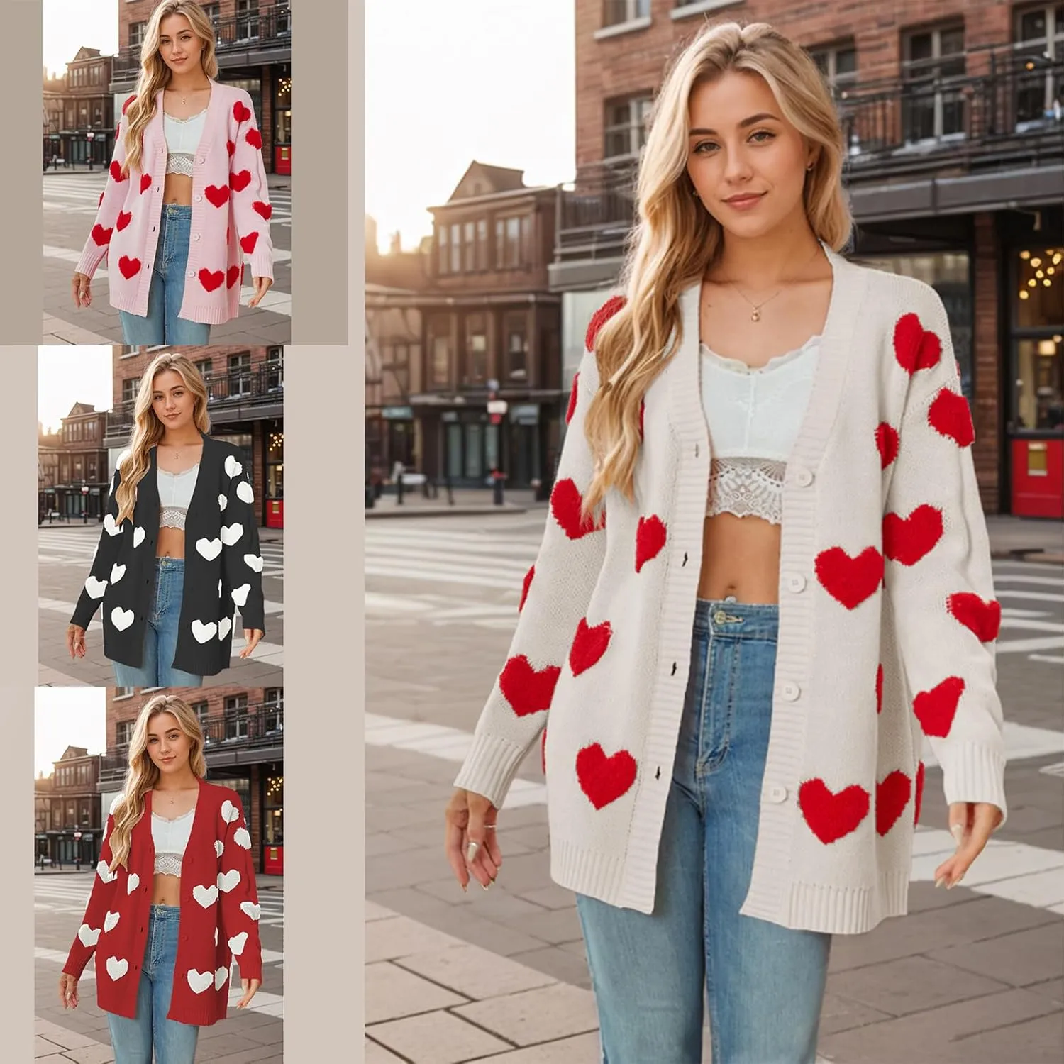 Knitted Long Cardigan Heart Pattern Valentines Sweater Coat for Women Long Sleeve Button Down Casual Loose Outerwear